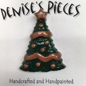 Christmas Tree Plaster Pin Brooch Handcrafted Star Copper Dark Green